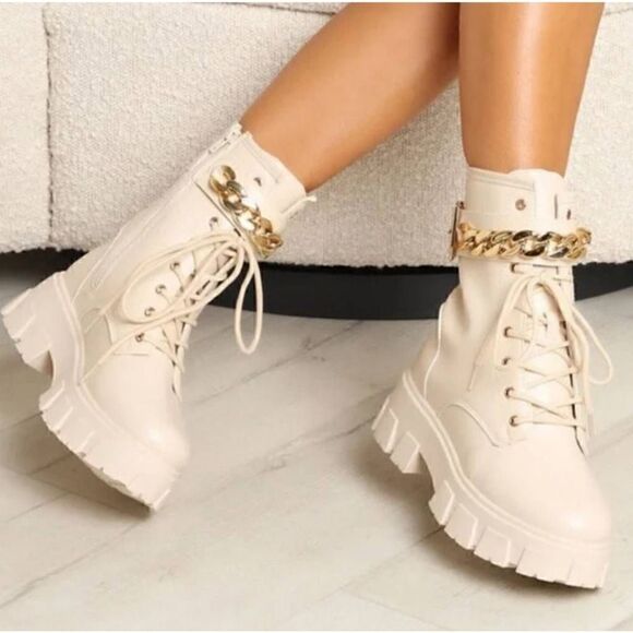 Olivia Miller Shoes - Olivia Miller Womens Ava Combat Boots Beige Vegan Straps Chain Ankle Zip 9 New